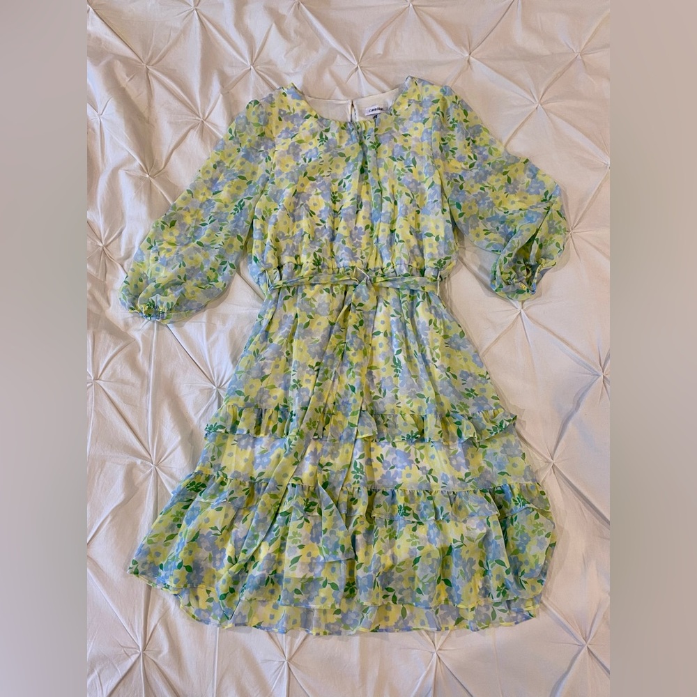 Calvin Klein Pastel Floral Tiered Ruffle Dress - Picture 7 of 9